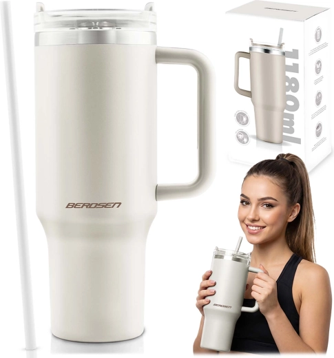 Termo šalica Berdsen sa slamkom 1180 ml krem