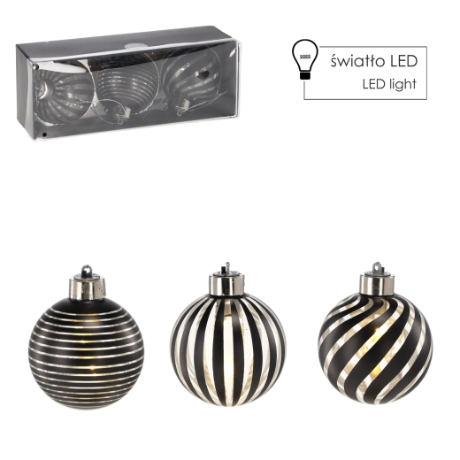 Set staklenih božićnih ukrasa sa srebrnim LED osvjetljenjem 8 cm (3 kom) Chomik