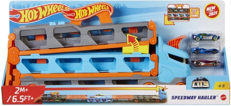 Hot Wheels trkački transporter 2-u-1 sa stazom 1,8 m i spremištem za 20 autića