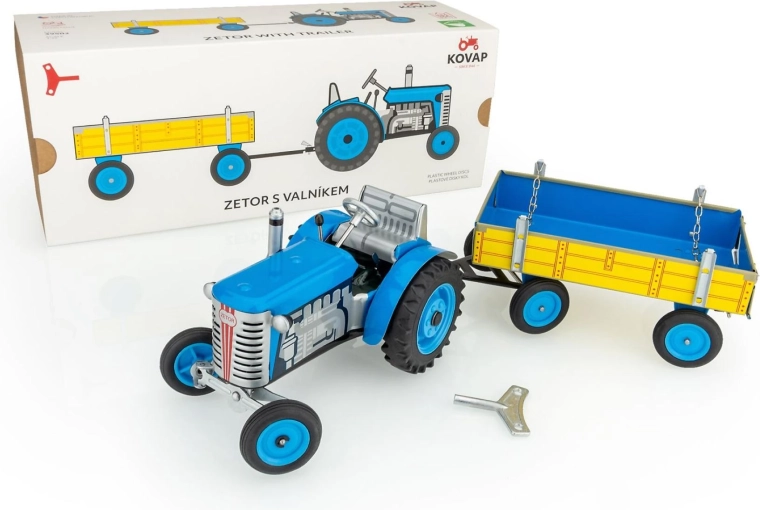 Traktor Zetor s prikolicom na navijanje ključem, metalni, 28 cm KOVAP – Plava