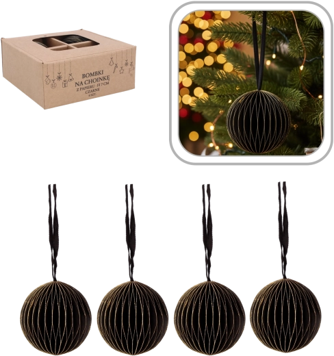 Set crnih papirnatih božićnih kuglica 7 cm (4 kom) Chomik