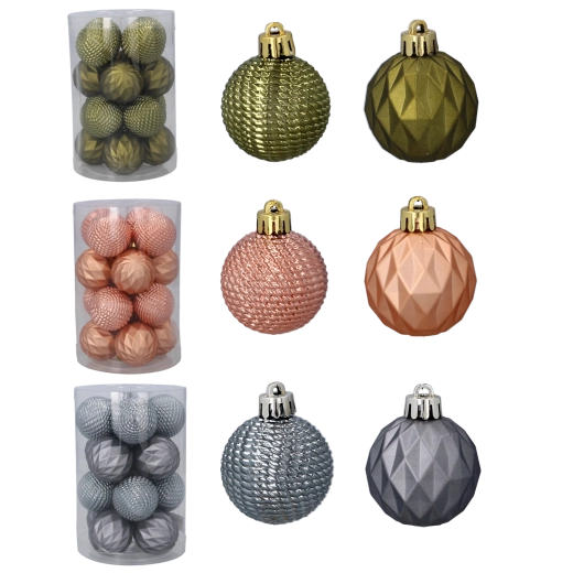 Set božićnih ukrasa 4 cm – maslinasta, bakrena i grafitna (16 kom)