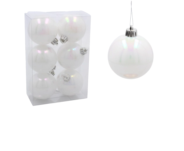 Perlasto bijele plastične božićne kuglice 6 cm – set 6 kom