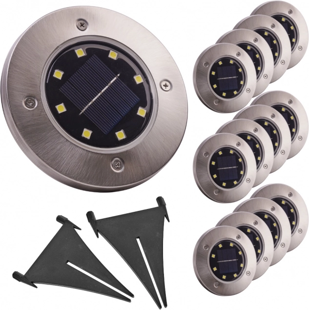 Solarna vrtna ugradbena svjetla s senzorom sumraka, 8 LED, hladno bijela, set 12 kom