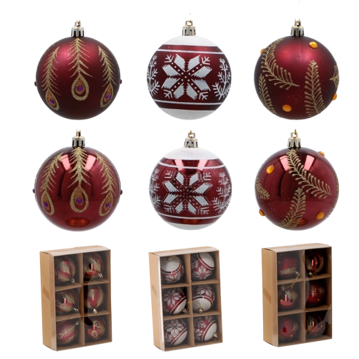 Set od 6 burgundskih božićnih kuglica 8 cm od nelomljive plastike