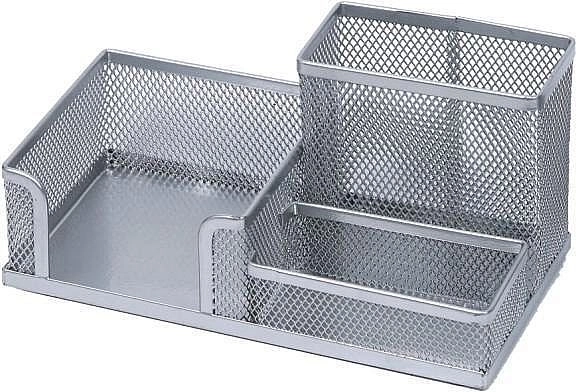 Metalni stolni organizator s držačem za olovke i kockom za bilješke, srebrni