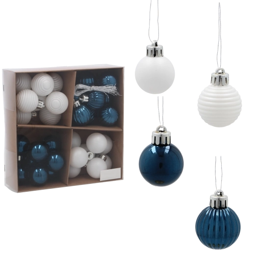 Set božićnih ukrasa 3 cm tamnoplava i bijela – kolekcija Zimska modrina (32 kom)