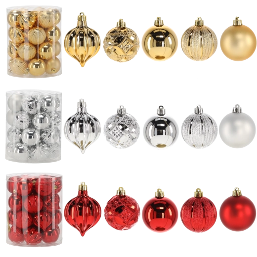 Set božićnih kuglica 6 cm – crvene, zlatne i srebrne (26 kom)