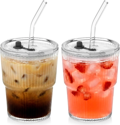Staklene čaše tumbleri s poklopcem i slamkom 340 ml, set 2 kom