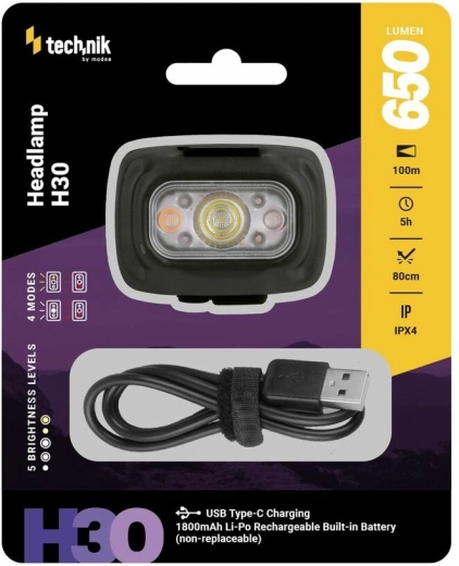 Technik MT-H30 naglavna svjetiljka s USB‑C, 650 lm, bijela i crvena LED
