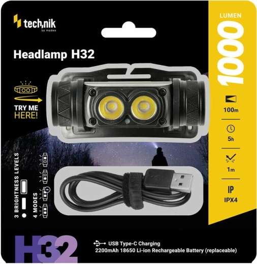 Napuniva čeona svjetiljka s LED OSRAM P9, USB‑C, 1000 lm, stroboskop Technik MT-H32