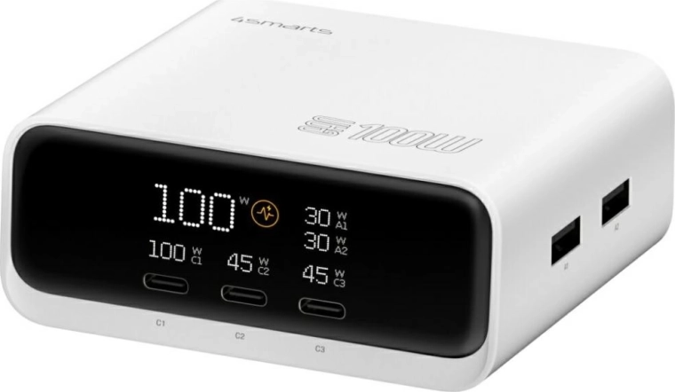 Stolni punjač 4smarts GaN 100 W s zaslonom, 3× USB‑C + 2× USB‑A, bijela