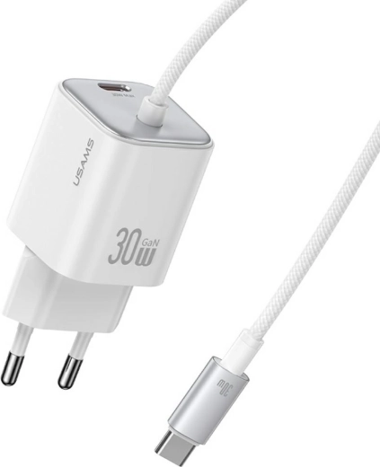 USAMS JC series CC264 30 W GaN brzi punjač s integriranim USB‑C kabelom (bijeli)