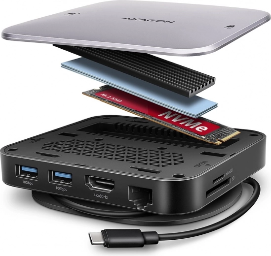 AXAGON višelučni USB‑C hub 9‑u‑1 s M.2 NVMe/SATA, HDMI 4K/60 Hz, PD 100 W, GLAN i čitačem kartica