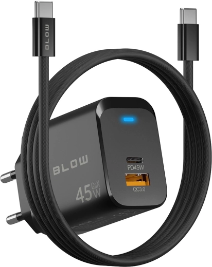 BLOW GaN mrežni punjač 45 W (USB-C PD + USB-A QC 3.0) s kabelom USB-C–USB-C