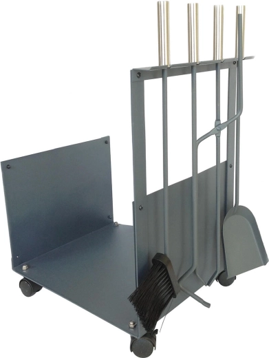 Kaminjska košara s priborom 62 cm – čelik i drvo, siva, set od 4 dijela