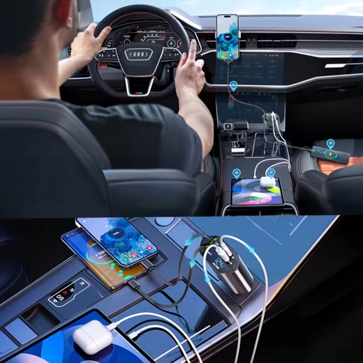 Autopunjač 4-u-1 s USB‑C i Lightning, izvlaka­jući kabel, brzo punjenje 100 W