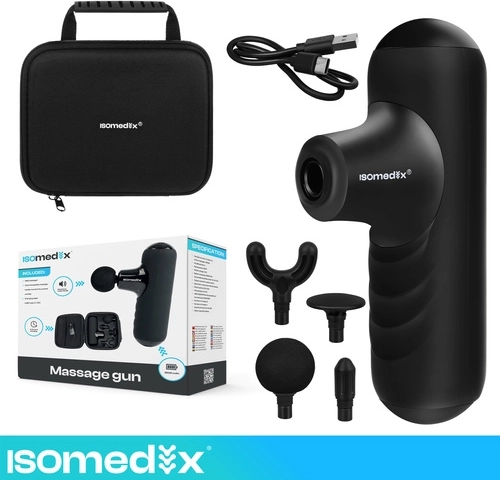 Mini masažna pištola Isomedix s 5 načina rada, 4 nastavka i futrolom