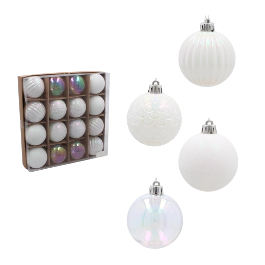 Set božićnih kuglica 6 cm, 16 kom – bijela i srebrna, nerazbitne