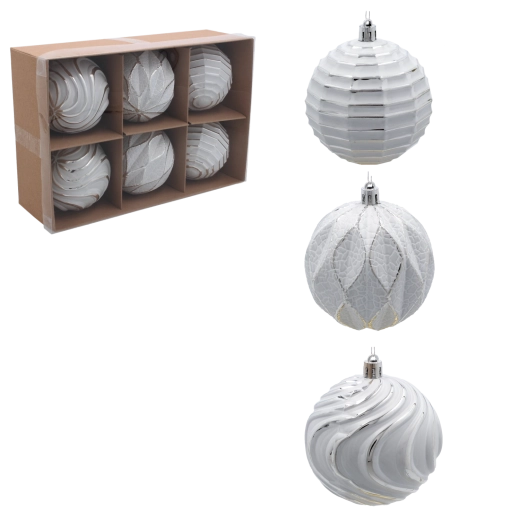 Set božićnih kuglica 8 cm bijelo‑srebrne, 6 kom, nelomljive