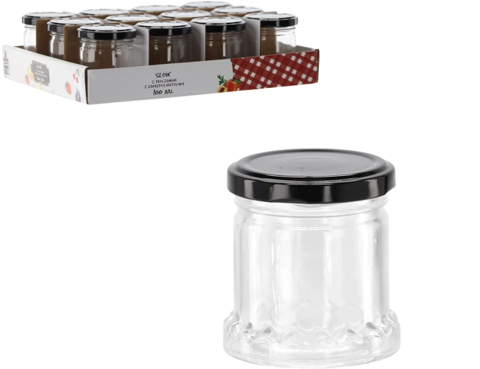 Staklenka 100 ml s reljefom i crnim metalnim poklopcem
