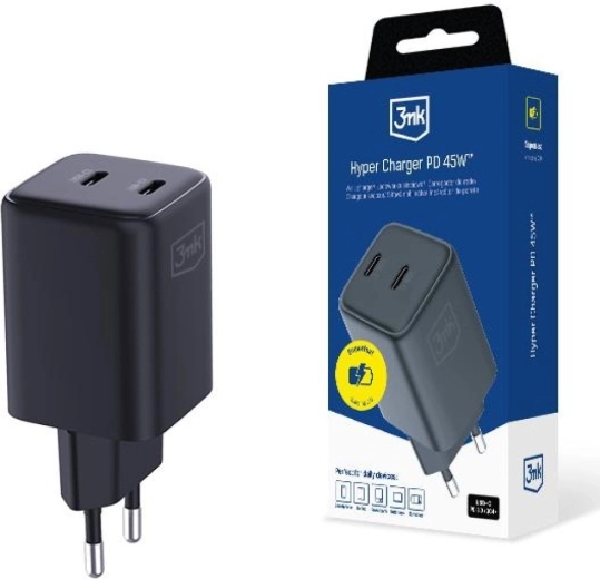 3mk Hyper Charger GaN mrežni punjač 45 W s 2 USB-C priključka, crni