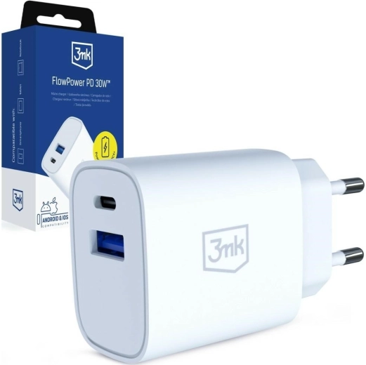 3MK FlowPower mrežni punjač 30 W USB-A i USB-C (PD 3.0, QC 4+) bijeli