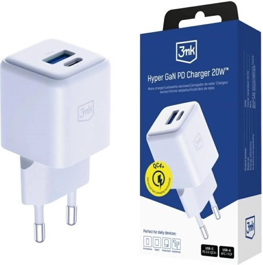 3mk Hyper GaN mrežni punjač 20 W USB-A i USB-C bijeli