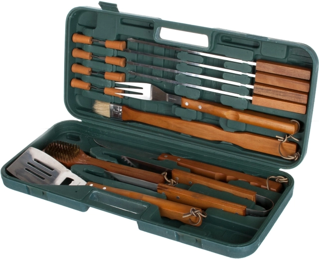 Set roštiljnog pribora od nehrđajućeg čelika s drvenim ručkama, 18 dijelova u koferu