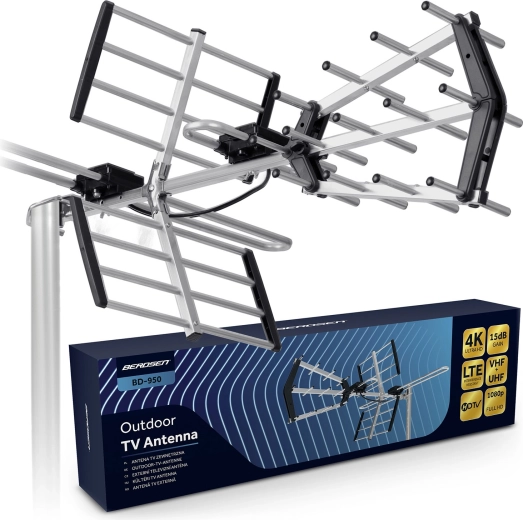 Vanjska usmjerena TV antena BERDSEN za DVB-T/T2, 4K Ultra HD, VHF/UHF, LTE filtar, domet 80 km