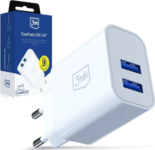 3MK FlowPower mrežni punjač 10 W, 2× USB-A, 2,4 A, bijeli