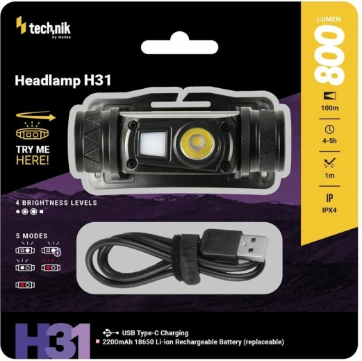 Technik MT-H31 naglavna svjetiljka s OSRAM P9 LED, crvenim svjetlom i USB-C (800 lm)