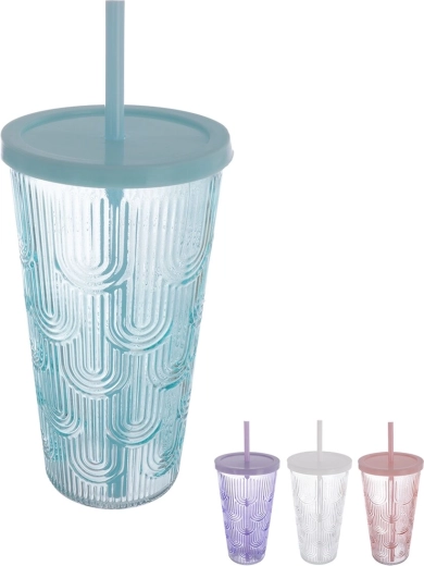 Čaša s plastičnim poklopcem i slamkom 0,48 l – mix boja