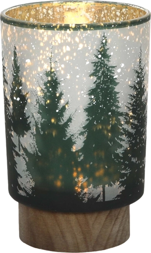 Božićna staklena lampa u obliku drvca s drvenom bazom, LED, 10 × 15 cm