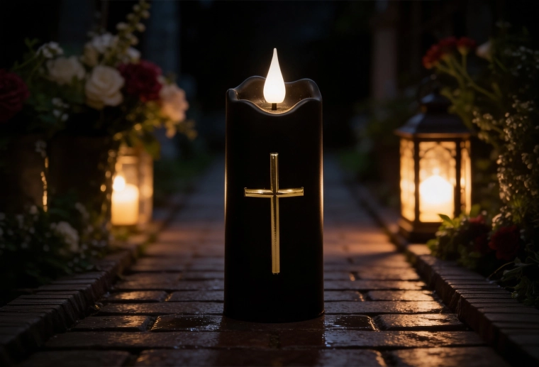 LED svijeća 5 × 13 cm crna sa zlatnim križem