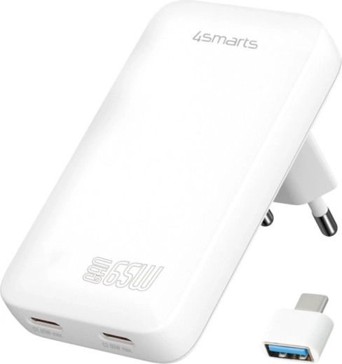Mrežni punjač 4smarts FlatPlug 65W GaN, 2× USB‑C, bijela