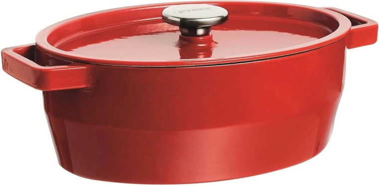 Lijevano željezni lonac s poklopcem PYREX 6 l, 33 × 25 cm, crveni