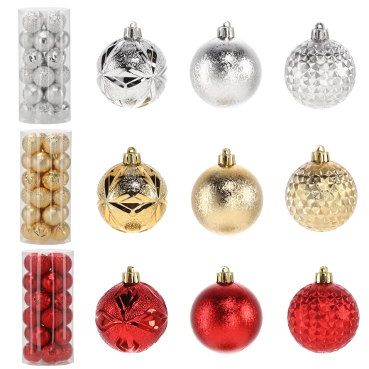 Set od 24 božićnih kuglica 6 cm – crvene, zlatne i srebrne, nelomljive