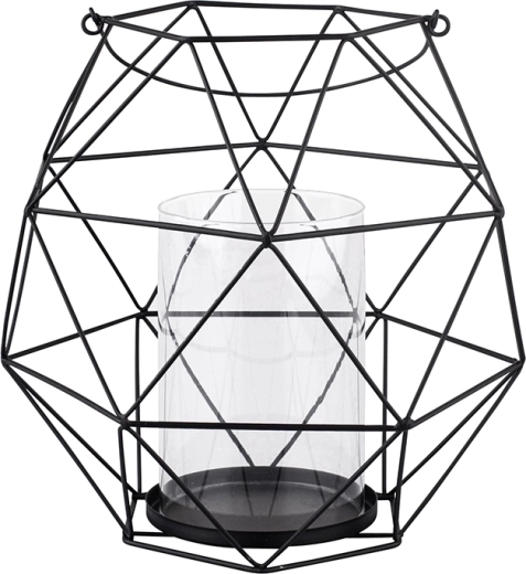 Metalni geometrijski svijećnjak s ručkom i staklenim uloškom 22 × 22 × 22 cm, crni