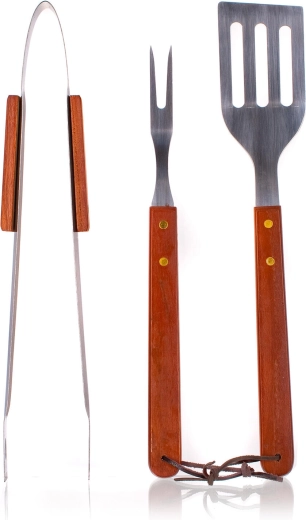 Set pribora za roštilj od nehrđajućeg čelika s drvenim ručkama, 3-dijelni