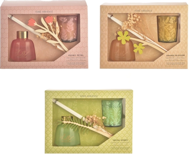 Poklon set: aroma difuzor sa štapićima i mirisna svijeća – 3 varijante