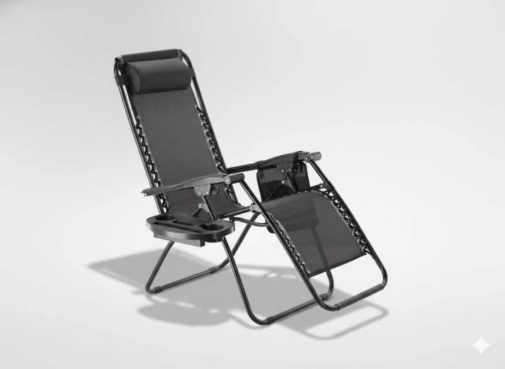 Sklopiva vrtna ležaljka s poslužavnikom, džepom i jastučićem – crna