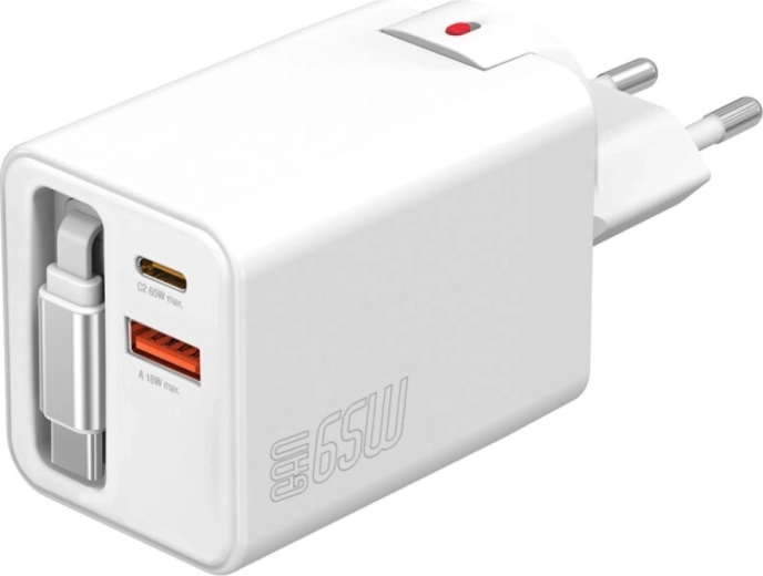 Mrežni punjač GaN 65 W s izvlačnim kabelom, 2× USB‑C + USB‑A, bijela