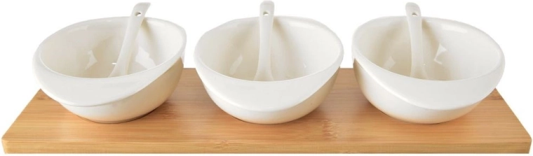 Porculanske zdjelice sa žličicama na bambusnoj pladnju WHITELINE, set 7 kom, 32 cm