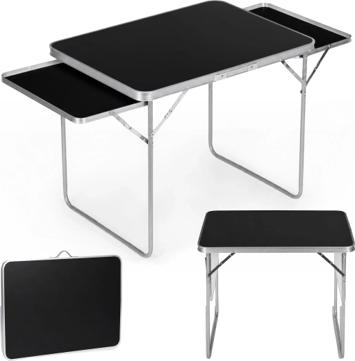 Multigarden sklopivi kamp stol 120 × 60 cm s 2 bočne police, crni