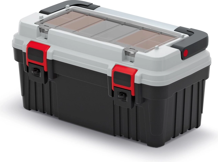 Plastični kovčeg za alat s metalnom ručkom i organizerima OPTIMA 470 × 256 × 238 mm, sivi