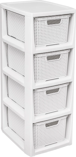 Rattan uski regal s 4 ladice, bijeli