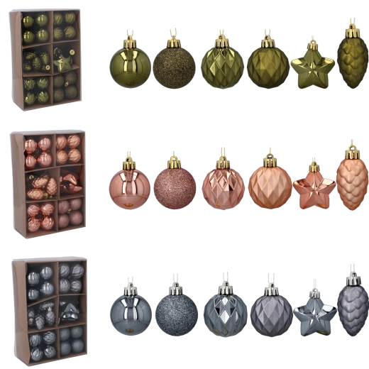 Set božićnih ukrasa 47 kom u maslinastoj, bakrenoj i grafitnoj boji (4–6 cm)