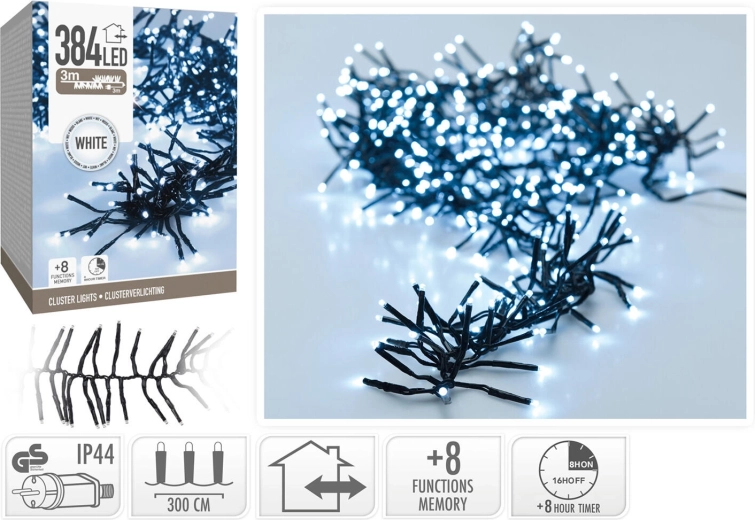 Božićni LED lanac 3 m, hladno bijela, 384 LED, 8 režima s timerom