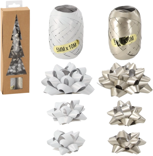 Božićni set za zamatanje darova – srebrna/bijela (2 vrpce + 7 mašni)